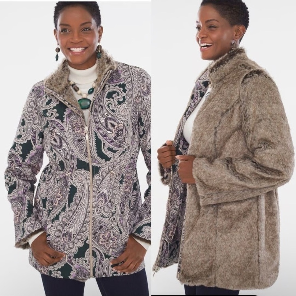 Chico’s‎ Reversible Faux Fur Paisley Full-Zip Jacket Size 12/14 NWT